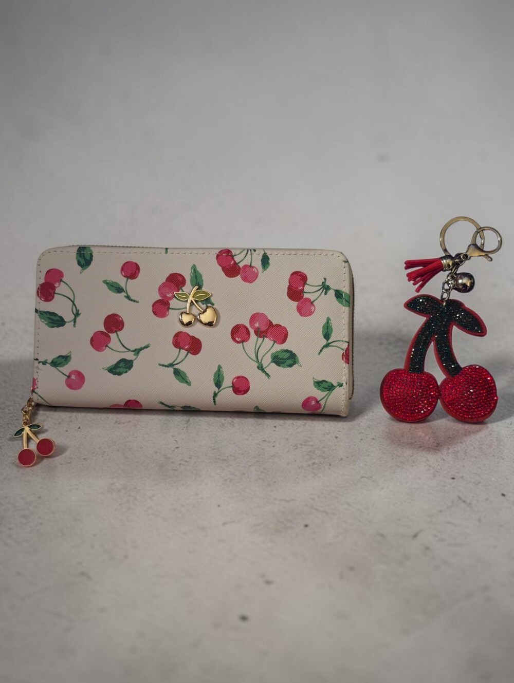 Rockin' Cherries Zip Wallet & Bling Cherry Bag Charm Keychain Set - Picture 2 of 8
